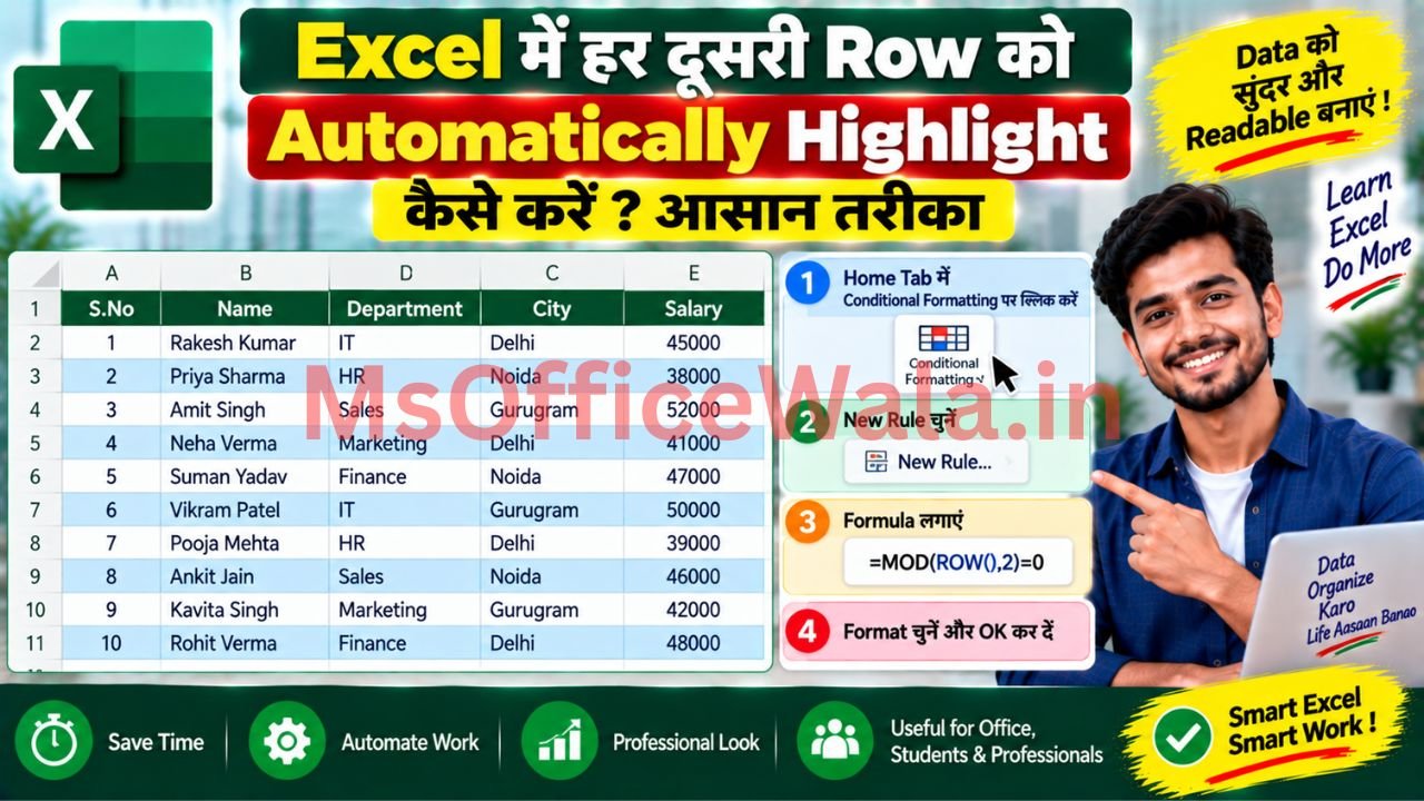 Excel में हर दूसरी Row को Automatically Highlight कैसे करें?